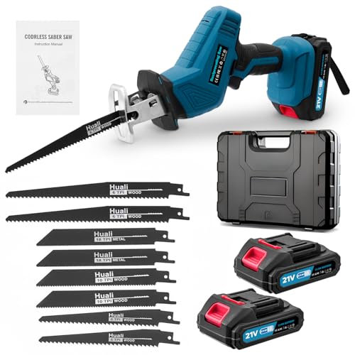 Dibaful Sierra de sable con batería universal de 0-4000 RPM 21 V, inalámbrica, sierra de recipro, con luz LED y 2 pilas de 2,0 Ah, cargador rápido, 8 hojas de sierra para madera y metal PVC para obras