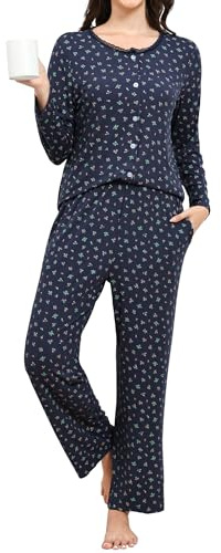 TeJoyce Pigiama Donna Cotone Lungo, Pigiami Invernali Pigiama Due Pezzi da Donna Maniche Lunghe in Pizzo con Bottoni E Pantaloni, Sleepwear Morbido E Confortevole per Autunno/Inverno S-XXL