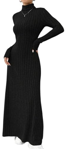 Strickkleid Damen Lang Rollkragen Winter Pulloverkleid Damen Elegant A Linie Winterkleid Maxi Strick Herbstkleid Langarm Curvy Pullikleid Geripptes Kleid Oben Eng Unten Locker Damenkleider