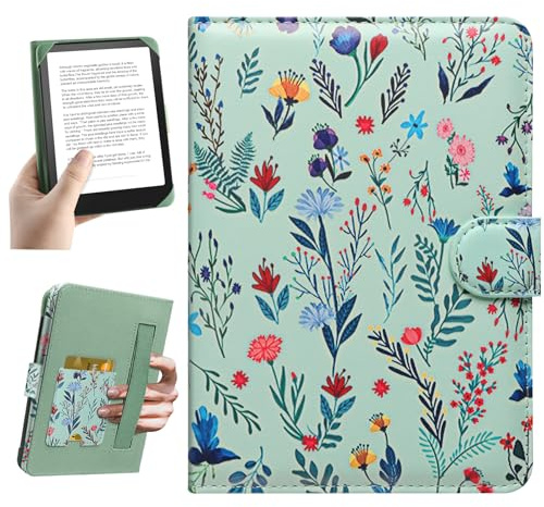 HoYiXi Universel Étui pour 6 Paperwhite /6 Kindle 2025 & 2019 Compatibilité Kobo/Voyaga/Pocketbook/Tolino eReader,Étui de Protection pour eReader 6 Pouce avec Porte-Cartes Intégré,Fleur 1