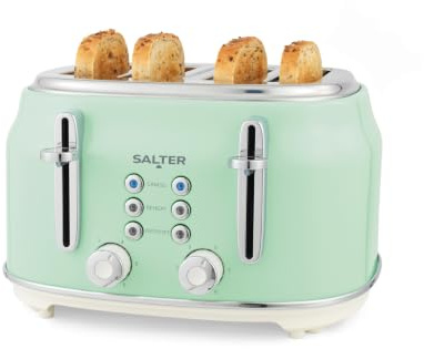 Salter Retro Toaster, 4-Slice Wide Slot, Green | 6 Browning Levels, Defrost/Reheat/Cancel Functions, High-Lift Eject, Self-Centring, Removable Crumb Tray, 1630W