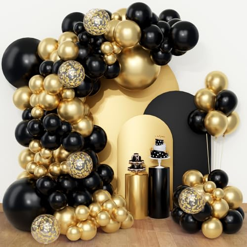 Luftballon Girlande Schwarz Gold- QIFU Ballons Girlande Luftballons Schwarz Gold Geburtstag Deko Schwarz Gold Mit Bändern für Männer Geburtstag Abschlussfeier Ruhestand Baby Shower Hochzeit Party
