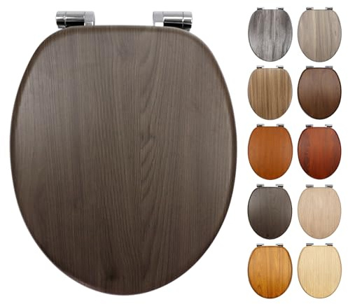Fanmitrk WC Sitz mit Absenkautomatik, Toilettendeckel aus MDF Holz, Toilettensitz mit Holzoptik-Furnier (Geräucherte-Eiche-Optik)