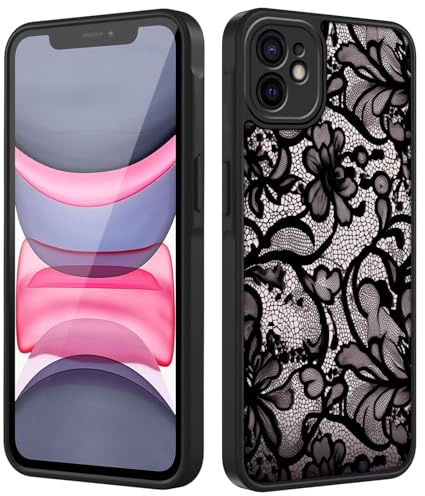Tawarror Handyhülle für iPhone 11 Hülle, Matt Transluzente Aesthetic Lace Blumen Muster Schutzhülle PC Rückseite Kratzfest TPU Fallschutz Stoßfest Anti-Fingerabdruck Case, Schwarz