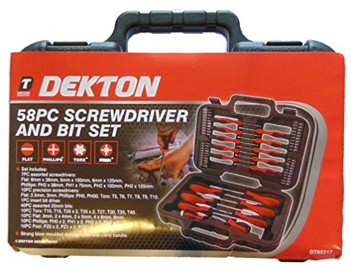 Dekton 58pc Screwdriver and Bit Set - Srong Blow Molded Storage Case with Carry Handle| Set Includes:7pc Assorted Screwdrivers,10pc Precision Screwdrivers,1pc Insert Bit Driver,40pc Assorted Bits