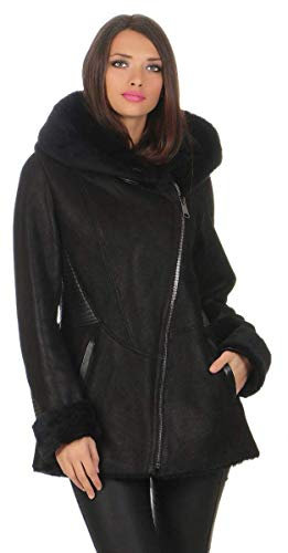 Hollert Damen Lammfelljacke Lena Winterjacke aus Merino Schaffell Echtleder mit Kapuze Größe XS, Farbe Schwarz