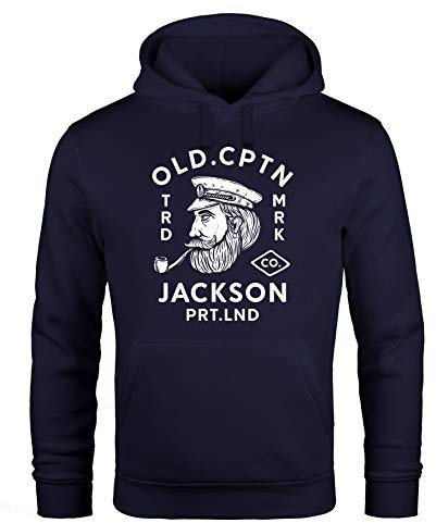 Neverless® Hoodie Herren Kapitän Motiv Aufdruck Old Cptn Jackson Retro Print Kapuzen-Pullover Männer Navy 3XL