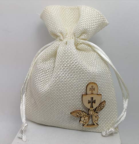 PuntoCasaStore Lot de 10 sachets de 10 x 13 cm en jute crème porte-dragées avec calice de communion en bois 4 cm