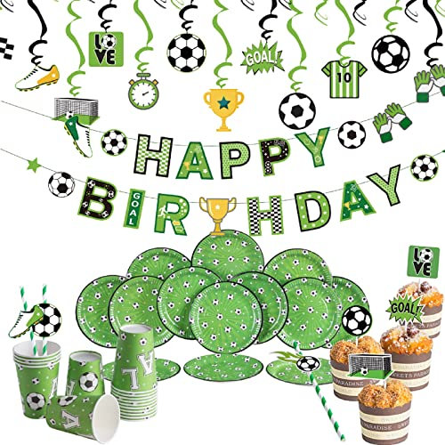 SUNBEAUTY Fiesta de Cumpleaños Futbol, Suministros de mesa de fútbol Banner, 16 Vasos de papel, 16 Platos, 20 Pajitas, 24 Adornos para Tartas, 24 Espirales Decoraciones de Fiesta de Fútbol