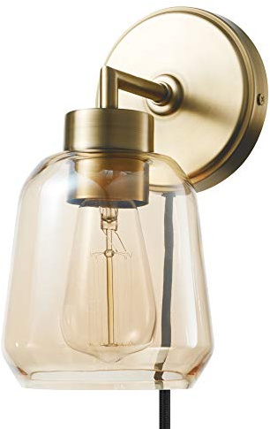 Globe Electric 51715 1-Light Plug-in or Hardwire Wall Sconce, Matte Brass, Smoked Amber Glass Shade, Black Fabric Cord, in-Line On/Off Switch, Bedroom, Living Room, Mounted Bedside Lamp