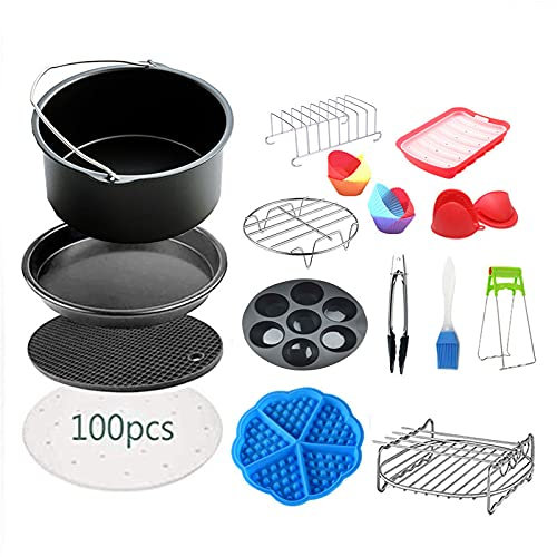 scosao 15 Stück Heißluftfritteuse Zubehör Set, Airfryer Zubehör Fritteusen für 3.5QT-5.8QT Luftfritteusen Alle Marken, mit Antihaft Kuchenform, Pizza Pan, Grillrost, Silikonmatte, Kein BPA,7in