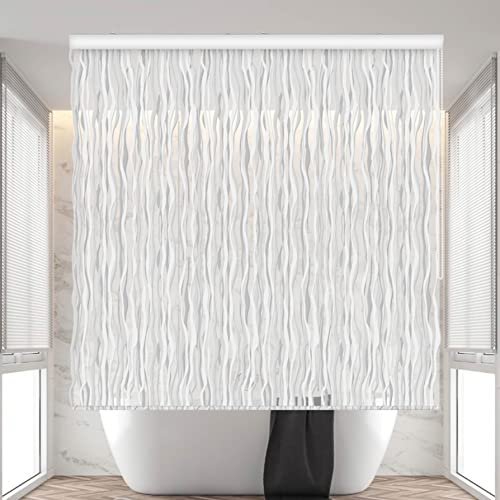 Jakooz Rollup Shower Curtain for Bathroom. Waterproof, 100% PEVA, Heavy Duty Ceiling Mounted Shower Curtain Roller Blind for Bathtub. No Rods, No Hooks, No Rings! (56x95) (Wave)