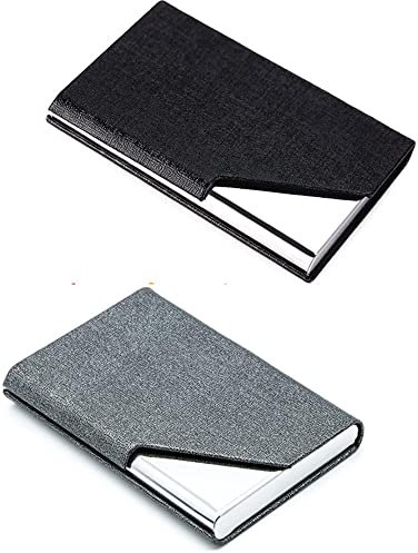 Porte-cartes de visite, 2 Pièces étuis pour Cartes de Visite Acier Inoxydable et Similicuir avec Fermeture Magnétique Porte-cartes D'identité pour Hommes et Femmes, Noir et gris