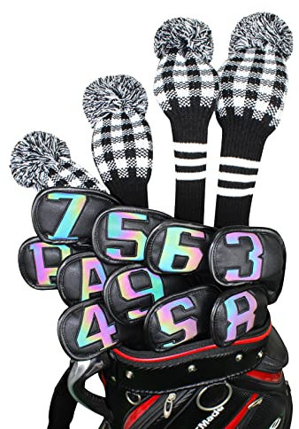 10 Pcs Synthetic Leather Iron Golf Head Covers Strong Magnetic Closure Long Neck Protect Club Shaft Clearly Number Tag 3-9/A/P/S (Gradient Number Leather Black)