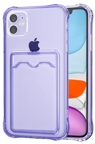 DEFBSC Case for iPhone 12, Transparent Back Card Holder Phone Case, Ultra Slim Soft TPU Shockproof Clear Case with Card Slot for Back of Phone - Purple