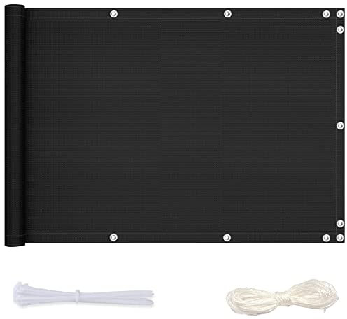 Redfire Balkon Sichtschutz Ohne Bohren 90x500cm,Wetterfester Balkonverkleidung Platten Einfache Montage Balkonverkleidungen mit Ösen Nylon Kabelbinder und Kordel für Terrasse,Schwarz