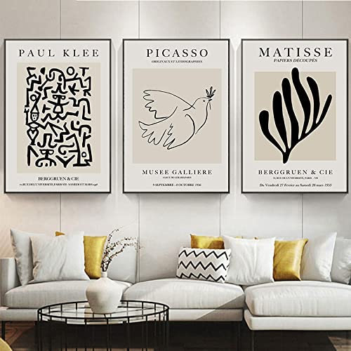 Dittelle Picasso Matisse Paul Klee Abstraktes Poster Schwarz Weiß Strichzeichnung Vogel Blatt Leinwand Gemälde Wandbild Wohnzimmer Dekor 50x70cm-3Pieces Frameless