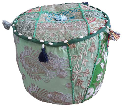 PUSHPACRAFTS Ottoman Pouf Indian Bohemian Style Interior Decor Footstool Floor Pillow Indian Embroidered Pouf Pouf Pouffe Patchwork Chair for kids Green