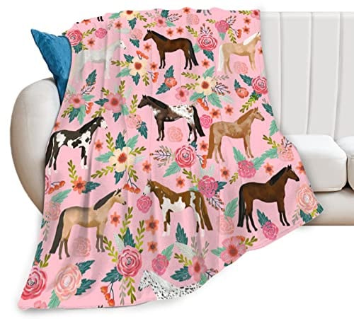 Horse Blanket Gifts for Girls Women Cute Horses Flowers Flannel Fleece Throw Blanket Soft Warm Fuzzy Pink Blanket for Horse Lovers Decor Bed Couch Living Room for Kids 50x40