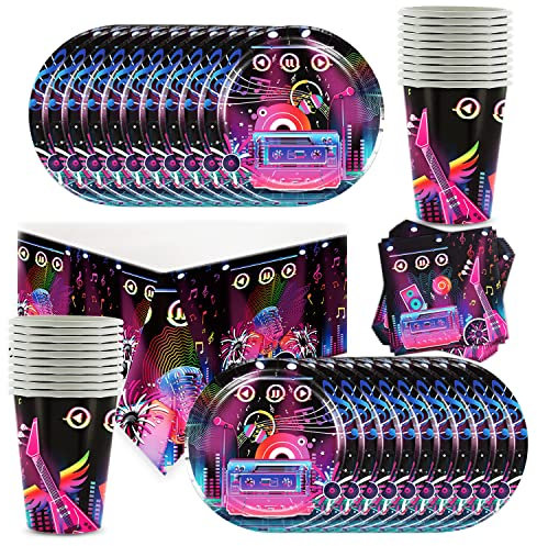 Shamoparty 61Stk Party-Set Disco für Kindergeburtstag mit Teller + Becher + Servietten +Tischtücher Deko Disco Partygeschirr Musik Tischdekoration Mottoparty…