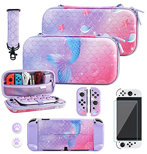 RHOTALL Lila Tragetasche für Nintendo Switch OLED, Aufbewahrungshülle für Switch OLED Zubehör mit harter Schutzhülle, Displayschutzfolie, verstellbarer Schultergurt und 2 Daumenkappen -Meerjungfrau