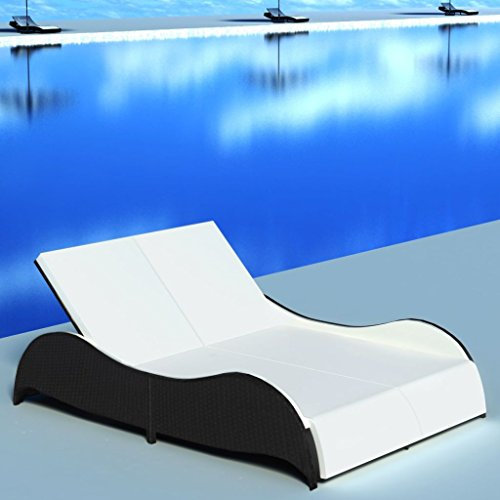Gecheer Doppel Sonnenliege mit Auflage Doppelliege Gartenliege Relaxliege Gartenmöbel Liege Strandliege Poly Rattan Schwarz