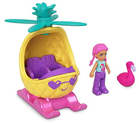 Polly Pocket Sammler-Micro-Mini-Metallfahrzeug, bewegliche Puppe und Haustier-Set – Polly's Friend Puppe mit Ananas-Hubschrauber und Hot Pink Flamingo Sidekick Spielset