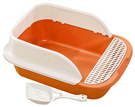 Cat with Scoop with Scatter Shield Tall High Sides Open Top Cat Litter Tray Kitty Litter Tray Low Profile, Orange, Large