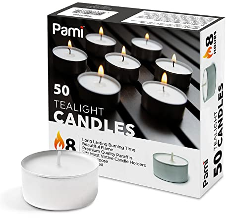 PAMI Tealight Candles,Paraffin Wax,Unscented,8 Hour Burn Time,50 Count