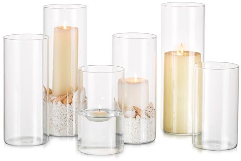 Glasseam Kerzenständer Stumpenkerzen Schwimmkerzen Dekoration, Zylinder 6er Kerzenhalter Glas für Hochzeit Tischdeko, Glaszylinder für Kerzen Deko Home Wohnzimmer, Modern Große Vase für Pampasgras