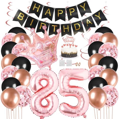 Juland 85. Geburtstag Deko Männer Frauen Schwarz Rose Gold Geburtstagsdeko Mädchen Junge Happy Birthday Banner 85 Jahre Geburtstag Nummer Folienballons Krone Konfetti Luftballons Tortenaufsatz