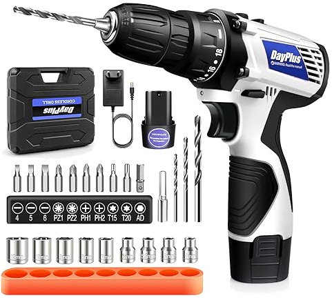 Perceuse Visseuse Sans Fil avec 2 batteries lithium - ion, 12V combi et percussion, 18 + 1 couple 2 vitesses, kit de visseuse sans fil avec 23 pièces accessoires