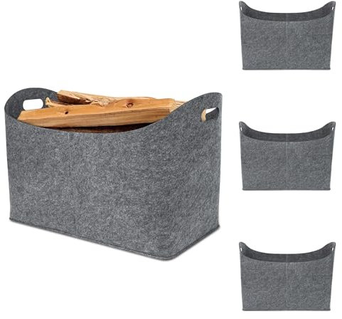 Froadp 4 Stück Filztasche Filzkorb für Kaminholz Einkaufstasche aus Filz Multifunktionale Filztaschen Shopper Faltbare Kaminholzkorb mit Verstärkten Griffen Tragfähigkeit Bis zu 60kg (Hellgrau)