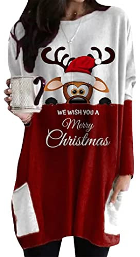 EFOFEI Damen Herbst Lose Wickel T Shirt Blusen Einfarbiges Pullover Shirt Lässige Tops Mit Taschen AFFE Weiß Rot XL