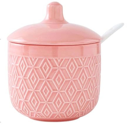 TYMYYS Azucarero Nórdico Con Tapa, Tarro De Almacenamiento De Celosía En Relieve Colorido, Azucarero De Porcelana De Color Sólido, Bote De Salto, Para Barra De Café, Restaurante-Rosado-9x8x11.5cm