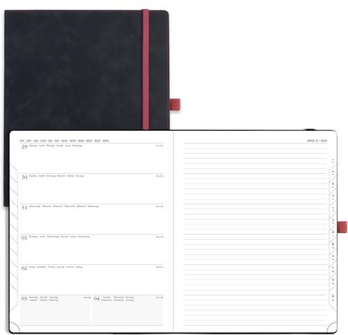 POPRUN Kalender 2025 Buchkalender A4 Notizbuch (Aug.2024-Dez.2025), ca. A4 (26,5 x 21,5 cm), Terminplaner, Wochenplaner 2025 Softcover mit PU-Leder, FSC®-Zertifiziertem Papier - Schwarz