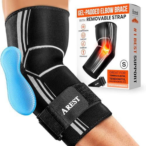 AREST Ellenbogenbandage mit Kompressionsband - Sportliche Ellbogen Bandage - Ellenbogen Bandagen Herren und Damen - Bandage Ellenbogen für Gym - Ellbogenschoner Verstellbar (S)
