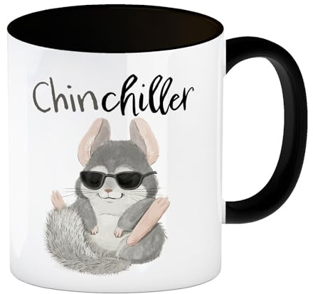 Chinchilla Kaffeebecher in schwarz mit Spruch Chinchiller Relax Chillen Tasse Coole Pause entspannen gemütlich