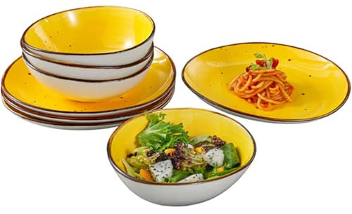 Kadum Potosi Service de table 8 pièces pour 4 personnes | Assiettes plates en céramique de qualité supérieure | 4 assiettes à petit-déjeuner Ø 21 cm et 4 bols à salade Ø 15 cm (jaune)