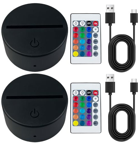 2 Stück 3D LED Nachtlicht Lichtsockel: LED Sockel mit Fernbedienung und USB-Kabel, 3D Illusion Lampe 7 Farben Lichter Dimmbar, Dekoration Lampe für Kinderzimmer, Schlafzimmer, Wohnzimmer, Bar, Laden