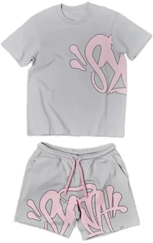 Dinint Tuta Sportiva Da Uomo, Syn W T-shirt Da Uomo, Unisex 2 Pezzi Tuta, Estiva Corta Maglietta Short, casual Sweatsuit Set, Da Jogging T-shirt e Pantaloncini, Grigio Rosa XL