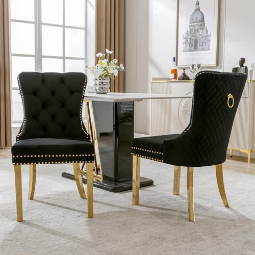 VSOGA Lot de 2 chaises de Salle à Manger rembourrées avec tête à Clous, Anneaux de Traction Ronds à l'arrière, Pieds en Acier Inoxydable plaqué Or, revêtement en Velours, Noir/doré