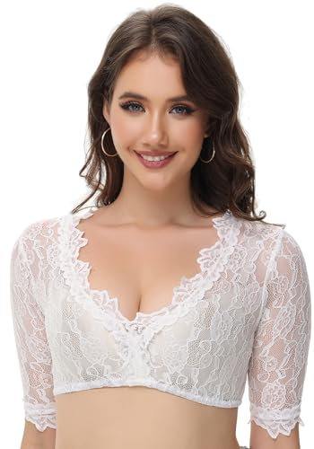ELFIN Damen Dirndlblusen Kurzarm Spitze Tracht Bluse Elegante Halbarm Bluse Spitzenbluse, Weiße-Spitze-Rose, 34