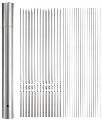 QUARKZMAN 100 unidades de Brochetas de Metal para Barbacoa 35cm x 3.5mm Palitos Redondos Planos de Acero Inoxidable Reutilizables para Barbacoa al Aire Libre con Tubo de Almacenamiento