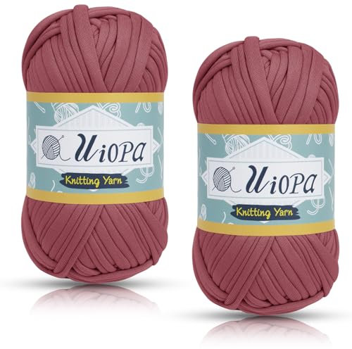 Uiopa T-Shirt Garn, 2 x 100g(2 x 35m) Bändchengarn Polyester Häkelgarn, Dickes Garn Crochet Yarn für Häkeltaschen, Körbe, Teppiche, Heimdekoration, DIY-Projekt (Bohnenpaste Rot)