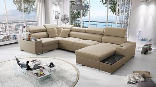 Ecksofa mit Schlaffunktion Passe 335 cm x 205 cm - Wohnlandschaft U-Form - Schlafsofa mit Bettkasten - XXL Sofa - Groß - Gewebe Amor 4302 - Hellbraun - Rechte Seite 26