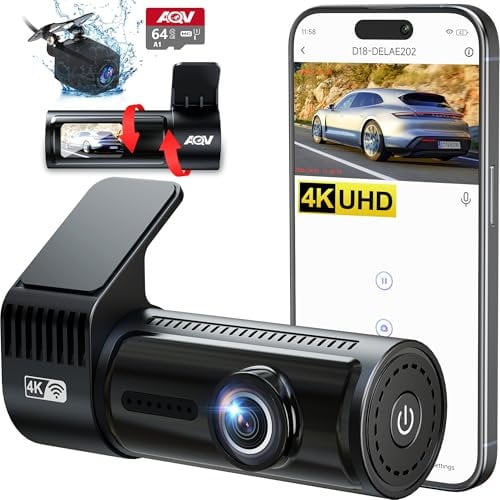 AQV Dashcam Cámara Coche 4K WiFi Cámara de Coche Delantera y Trasera con Tarjeta SD de 64GB Camara Coche,Grabación en Bucle,G-Sensor,App,Gran Angular 170°,WDR,Visión Nocturna,Monitor de Aparcamiento