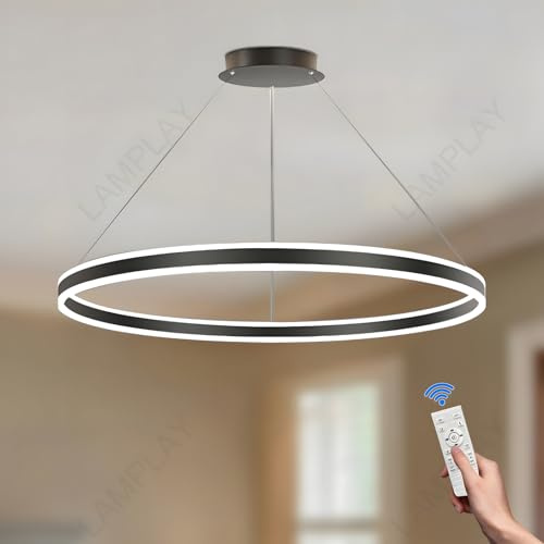 LAMPLAY Runde Moderne LED-Pendelleuchte, 1 Schwarzer Ring-Kronleuchter, Dimmbar Mit Fernbedienung 3000K-6000K Deckenleuchte, Höhenverstellbar, Foyer, Wohnzimmer, Schlafzimmer, Esszimmer(Ø100cm)