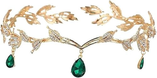 ZYEKIU Elfen Kopfschmuck, Elfenkrone Retro, Crystal Crown Grün, Elfen Krone Einstellbar, Kopfschmuck mit Blättern, für Cosplay, Hochzeit, Party, Renaissance Festival, Weihnachten, Geburtstag