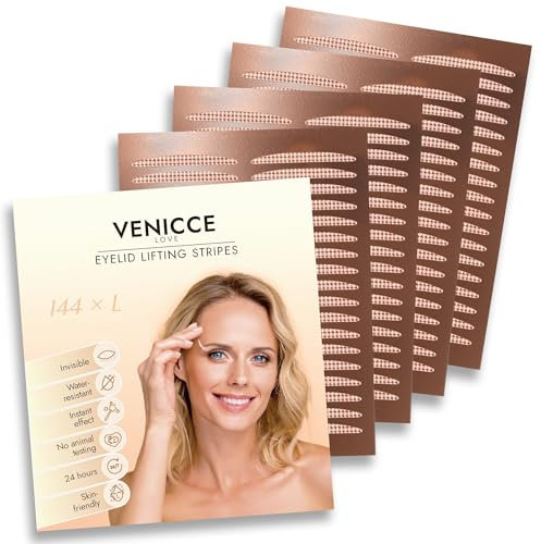 Venicce Love Schlupflider Stripes unsichtbar, Lidstraffung ohne OP, Eyelid Tape, natürliche Strips für strahlende Augen, Augenlid Stripes - hautfreundlich & effektiv gegen Schlupflider, (L) 144 Stück
